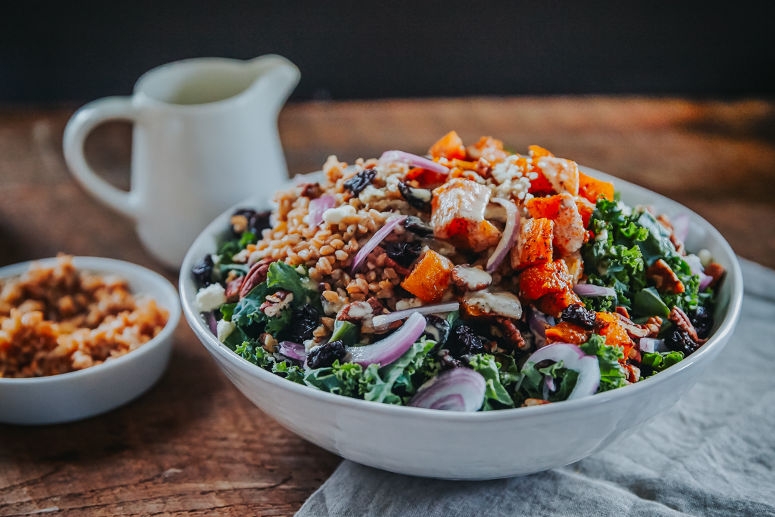 Pumpkin Kale Salad w/ Tahini Dressing | A-Yo Kitchen