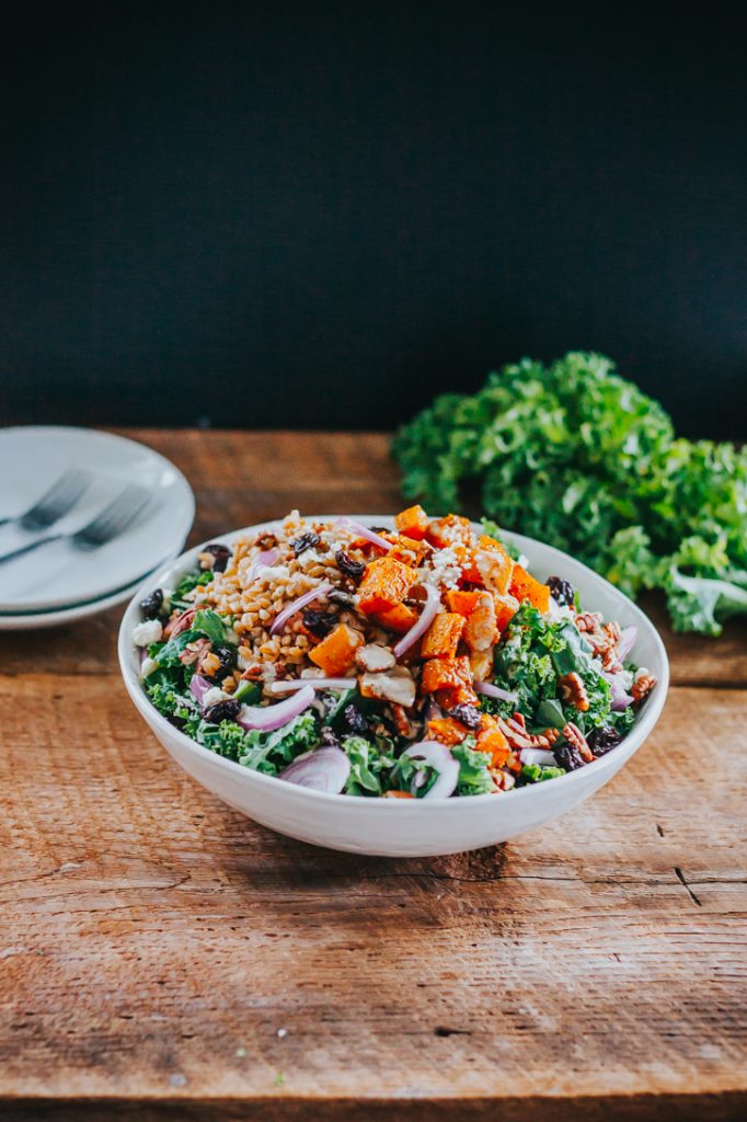 Pumpkin Kale Salad w/ Tahini Dressing AYo Kitchen
