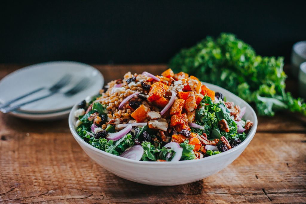 Pumpkin Kale Salad w/ Tahini Dressing AYo Kitchen