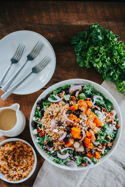 Pumpkin Kale Salad w/ Tahini Dressing AYo Kitchen